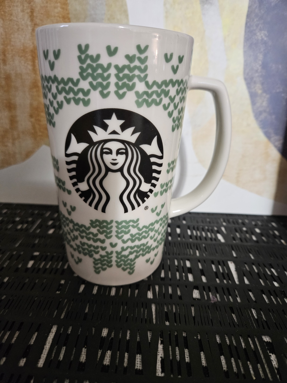 Starbucks White Mug with Green Heart Pattern and Black Siren Logo